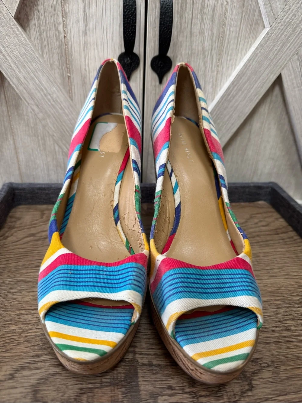 Nine West Multicolor Striped Peep-Toe Cork Platform Wedges (9.5)